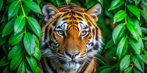 Fototapeta premium Tiger's Gaze Through Lush Foliage - A Close-Up Portrait of a Tiger's Face Partially Hidden by Vibrant Green Leaves