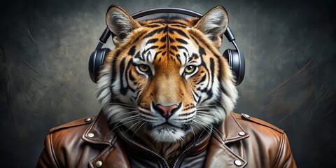 Fototapeta na wymiar The Tiger's Groove A Close-Up Portrait of a Tiger Wearing Headphones and a Leather Jacket