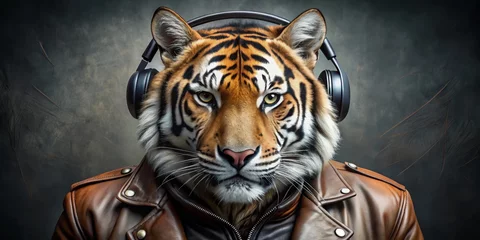The Tiger's Groove A Close-Up Portrait of a Tiger Wearing Headphones and a Leather Jacket © Working Moments