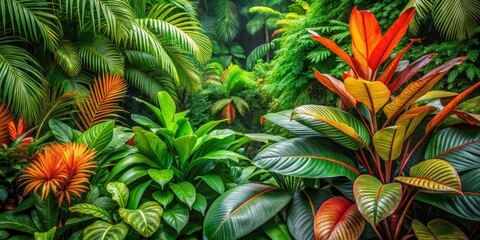 Obraz premium Tropical Lush A Symphony of Green and Red Foliage in a Dense Jungle Setting