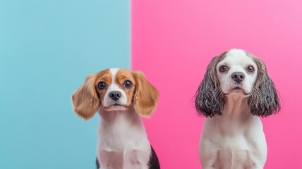 Two puppies on blue and pink background, gazing forward