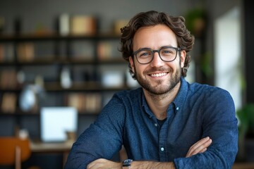 Obraz premium Portrait of a Smiling Man with Glasses in an Office Setting