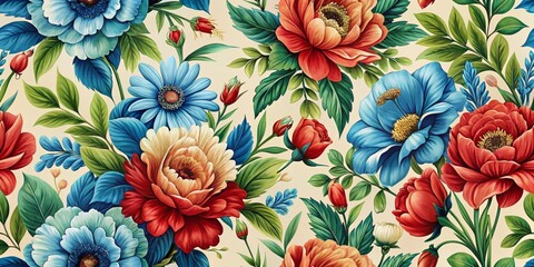 Vibrant Floral Tapestry A Seamless Pattern of Blue, Red, and Yellow Flowers with Lush Green Foliage on a Cream Background