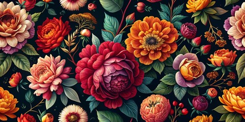 Fototapeta premium Vibrant Floral Symphony A Seamless Pattern of Lush Blooms and Delicate Greenery on a Midnight Canvas