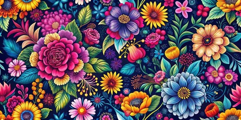 Vibrant Floral Tapestry A Seamless Pattern of Hand-Painted Flowers on a Dark Blue Background