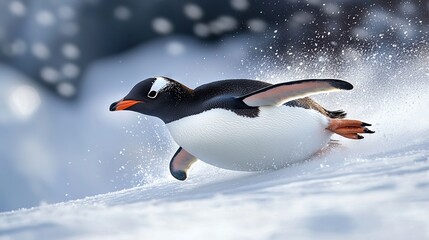 Fototapeta premium Penguin runs in snowy sun; snowflakes, tree background