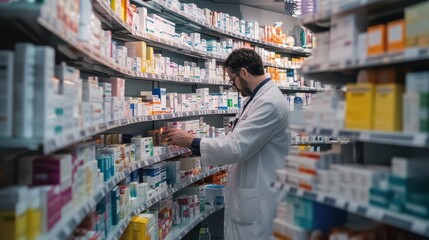 Fototapeta premium A pharmacist organizes medications on shelves in a pharmacy.