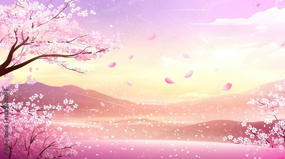 Wall mural  Pink landscape painting with tree in foreground and pink sky background