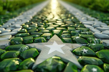 Obraz premium 3d illustration of the ground covered with green colored stones in shape of white star and three gradient stripes, street view with flag.