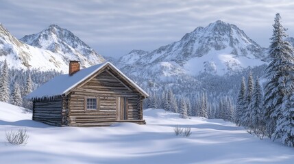 A Rustic Cabin Nestled Amid Snowy Mountains
