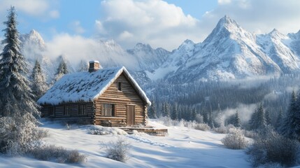 A Snowy Log Cabin Nestled in a Mountain Valley