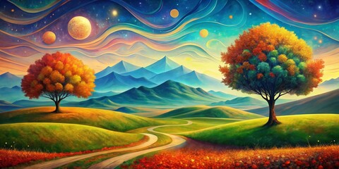 Winding Road Through a Dreamy Landscape with Swirling Sky and Two Trees