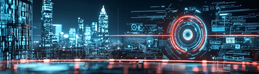 Obraz premium 1. Futuristic cityscape, AI governance, digital control, holographic interfaces