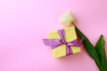  Gift box and tulip on color background. Happy womens day. Happy Mothers day.Hello Spring- Image