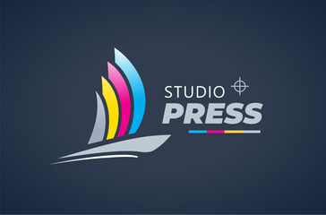 Logo Polygraphy Theme Studio Press Print. Abstract Sailboat silhouette ink CMYK stripes. Template design vector. Black background.