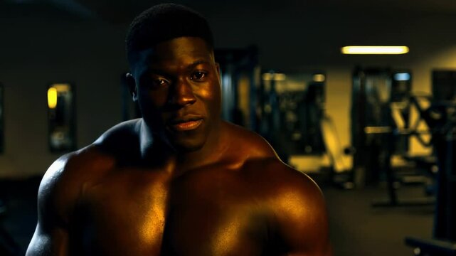 A bodybuilder shares workout tips in a gym at night