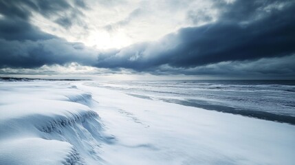 Fototapeta premium Snowy Beach with Dark Clouds and Distant Ocean