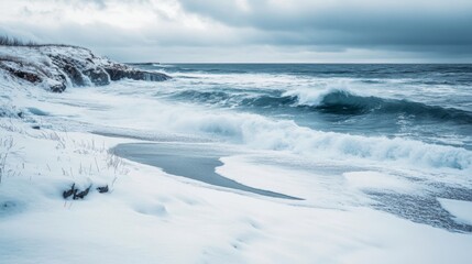 Obraz premium Frothy Waves Crashing on a Snowy Coastline