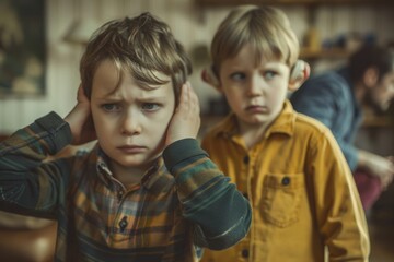 Two young boys express emotions in a cozy indoor setting. One covers his ears showing distress. The other looks concerned. Capturing childhood feelings in a warm style. Generative AI