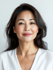 Fototapeta premium serene portrait of 50 year old Asian woman with gentle smile, lightly tilting her chin up against white background, radiating confidence and warmth