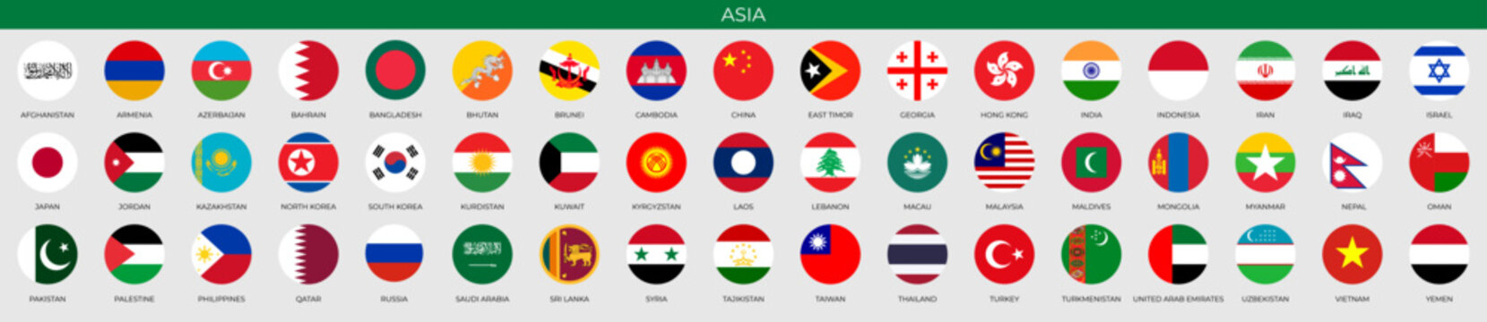 Set of round flags of Asian countries in alphabetical order. Vector illustration