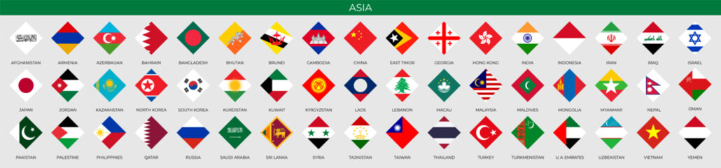 A set of rhombus flags of Asian countries. Vector illustration