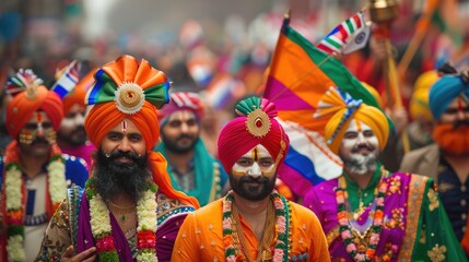 Obraz premium A group of people in colorful attire, holding Indian flags and wearing traditional with beards or turbans on their heads.