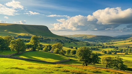 Fototapeta premium Rolling green hills with trees and stone wall under bright blue sky clouds