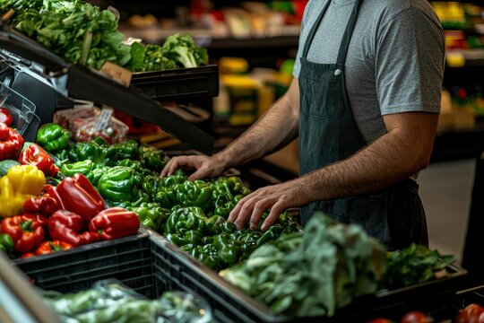 A Grocer's Hand Reaching for Green Bell Peppers in a Produce Display