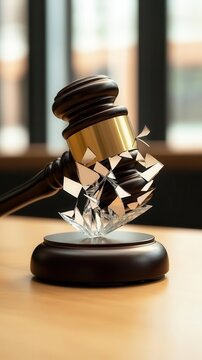 A shattered gavel on a courtroom floor, symbolizing the end of outdated laws, law reform, justice system overhaul