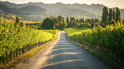 Naklejka premium Vineyard road under clear sky extends to mountains in distance