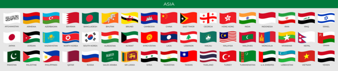A set of wave-shaped flags of Asian countries. Detailed national flags of Asia countries, including small states and partially Asian countries. Vector illustration