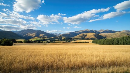 Fototapeta premium Vast golden field with mountains and blue, cloudy sky in background