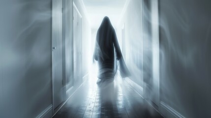 Fototapeta premium Eerie Phantom Floating in Hallway with Misty Atmosphere and Glowing Light
