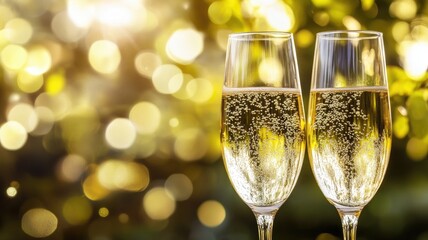 Two champagne glasses filled with bubbly sparkling wine against bright, bokeh background