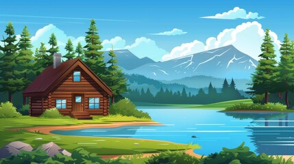 Obraz premium Tranquil Cabin by Still Lake with Mountain View - Vector Illustration