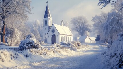 Snowy Church and Houses in a Winter Wonderland
