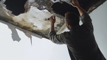 Man repairing a damaged ceiling. Home renovation, fixing broken panels. Maintenance and repair work with tools.