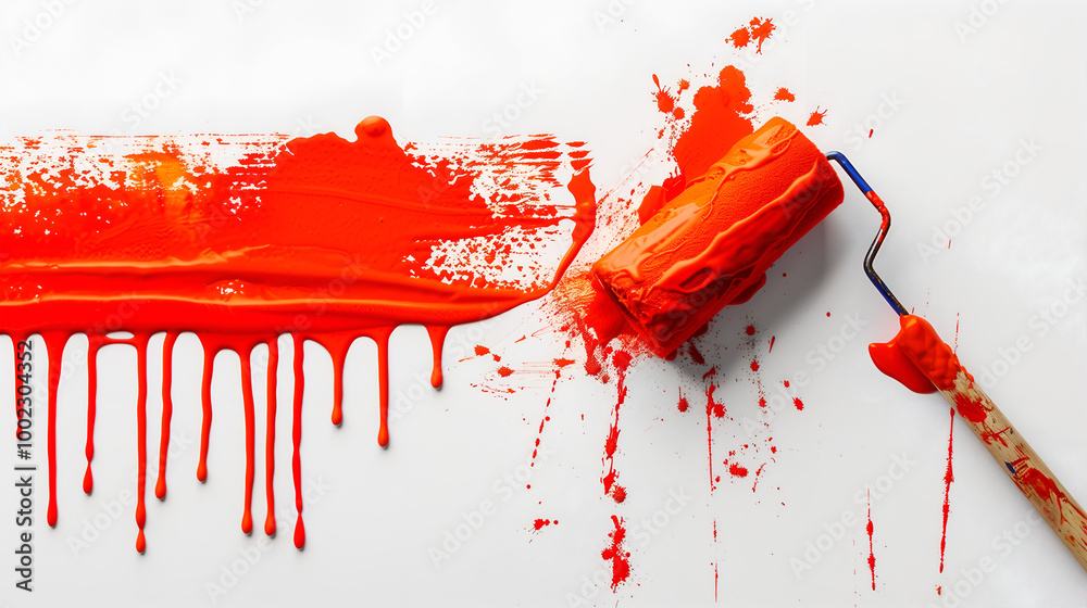 Wall mural roller brush painting a wall. paint roller with red paint. apartment renovation and decoration conce