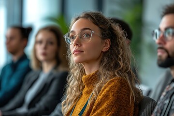 Fototapeta premium A diverse group of individuals engaged in a thoughtful discussion during a workshop in a modern conference room setting