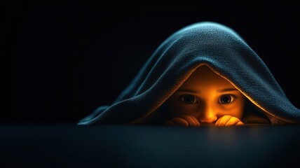 Child Hiding Under Blanket in Dark with Fearful Expression
