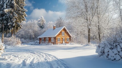 Snow-Covered Log Cabin in a Winter Forest