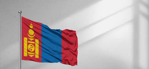 Mongolia national flag cloth fabric waving on beautiful window light grey Background.