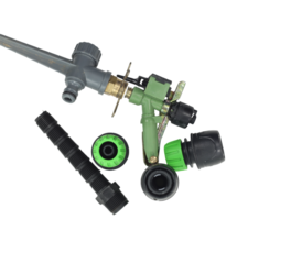 Assorted garden hose connectors and accessories on transparent background