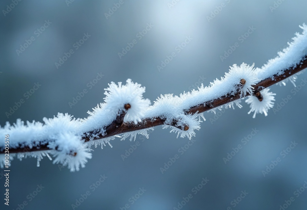 Poster extreme macro photography of a branch covered in frost and snow