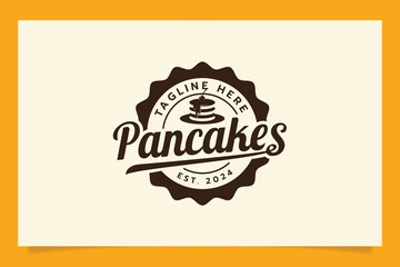 pancakes logo in an emblem form with a stack of pancakes and beautiful lettering. It's good for cafe, restaurant, food truck, etc.