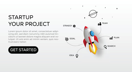 Rocket Launching to Space with Black and White Infographic, Business Starp up Concept