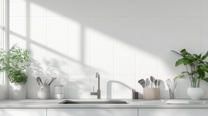 Modern clean white kitchen interior with minimalist design, sunlight, and green plants by the sink. Bright, airy, and contemporary space.