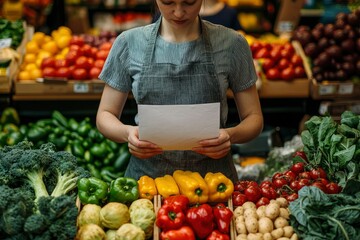 Woman Holding a Paper in a Produce Market