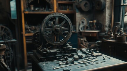 Fototapeta premium An Old Gear and Tools in a Dusty Workshop